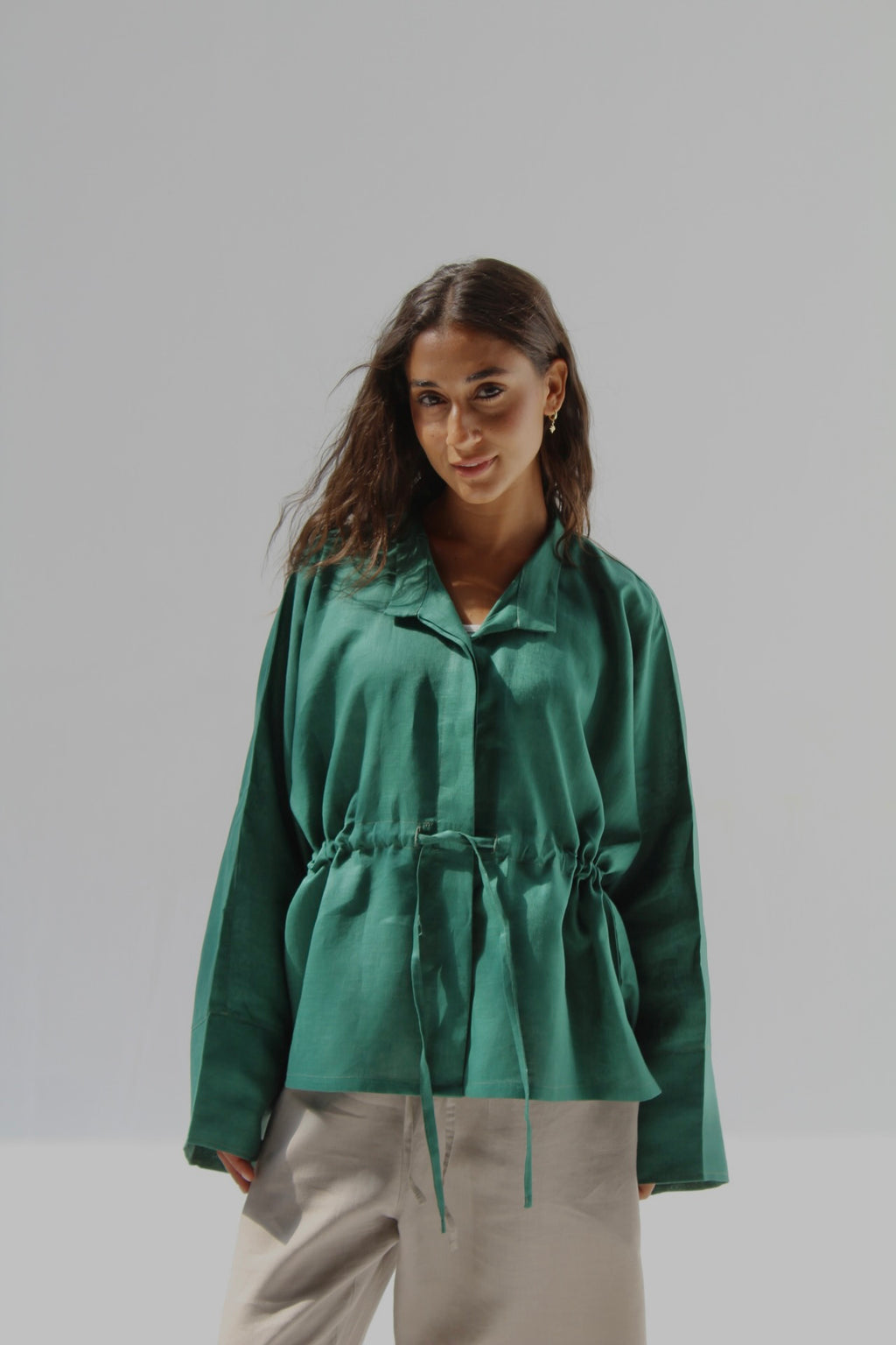 Drawstring Pure Linen Blouse - Green