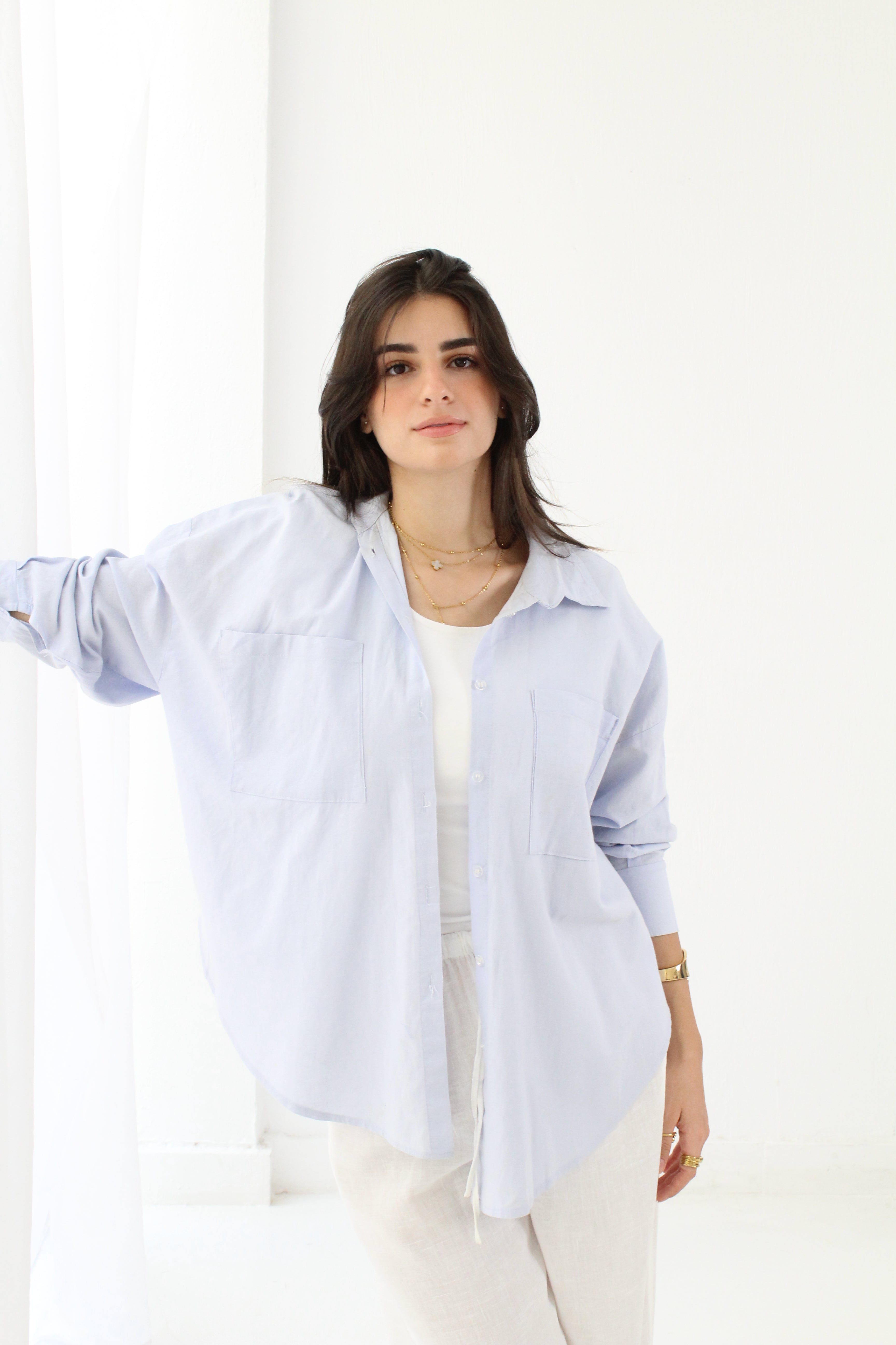 Linen High -low Shirt - baby blue