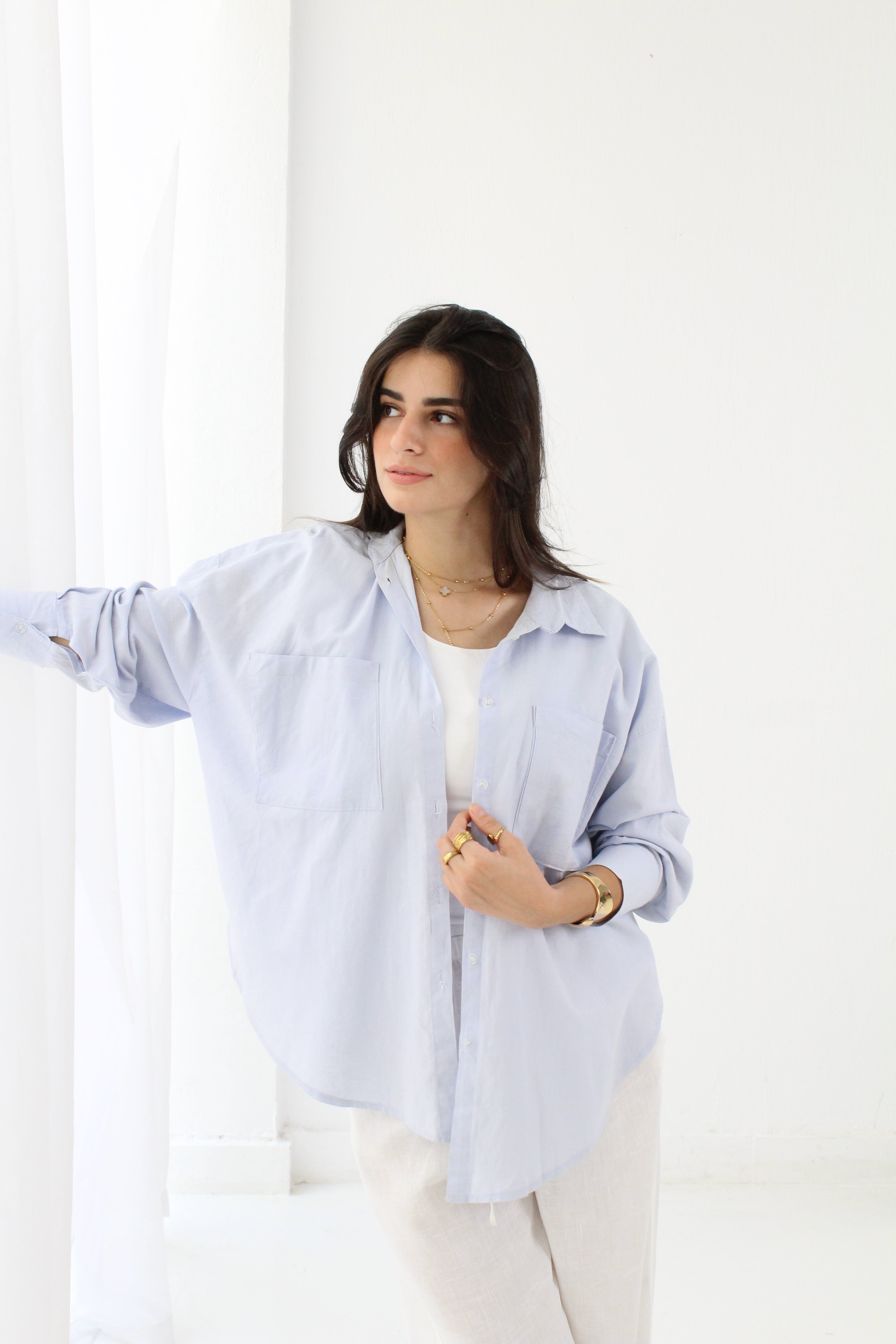 Linen High -low Shirt - baby blue