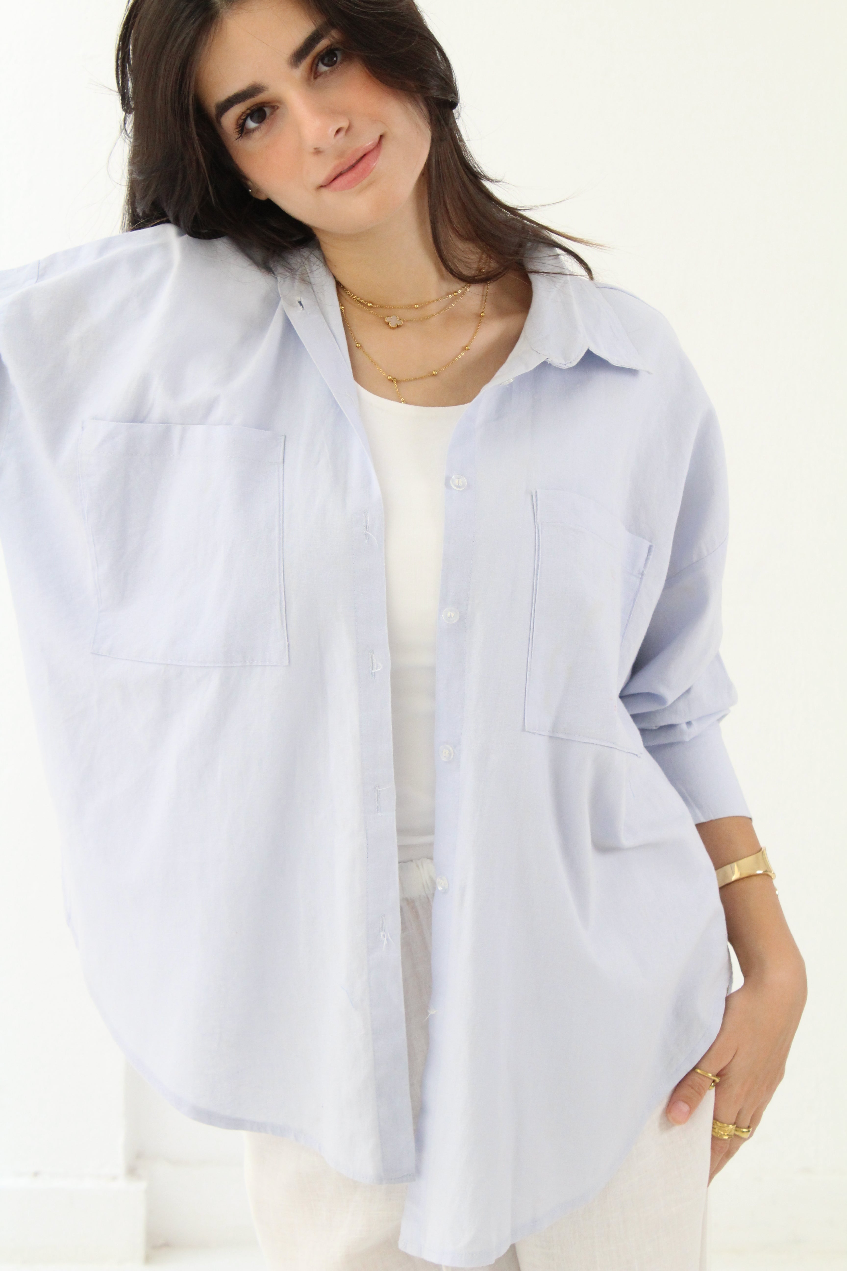 Linen High -low Shirt - baby blue