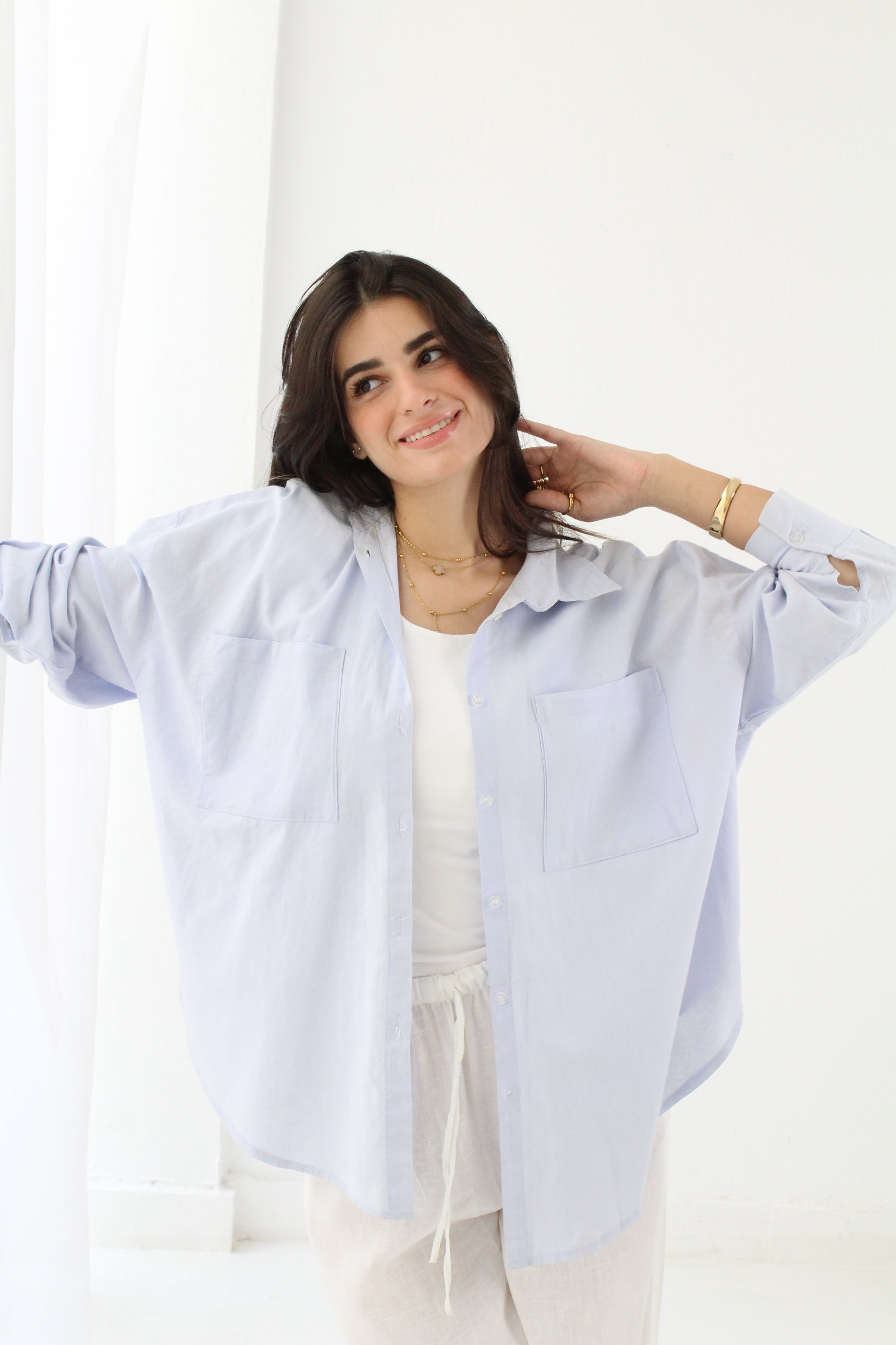Linen High -low Shirt - baby blue