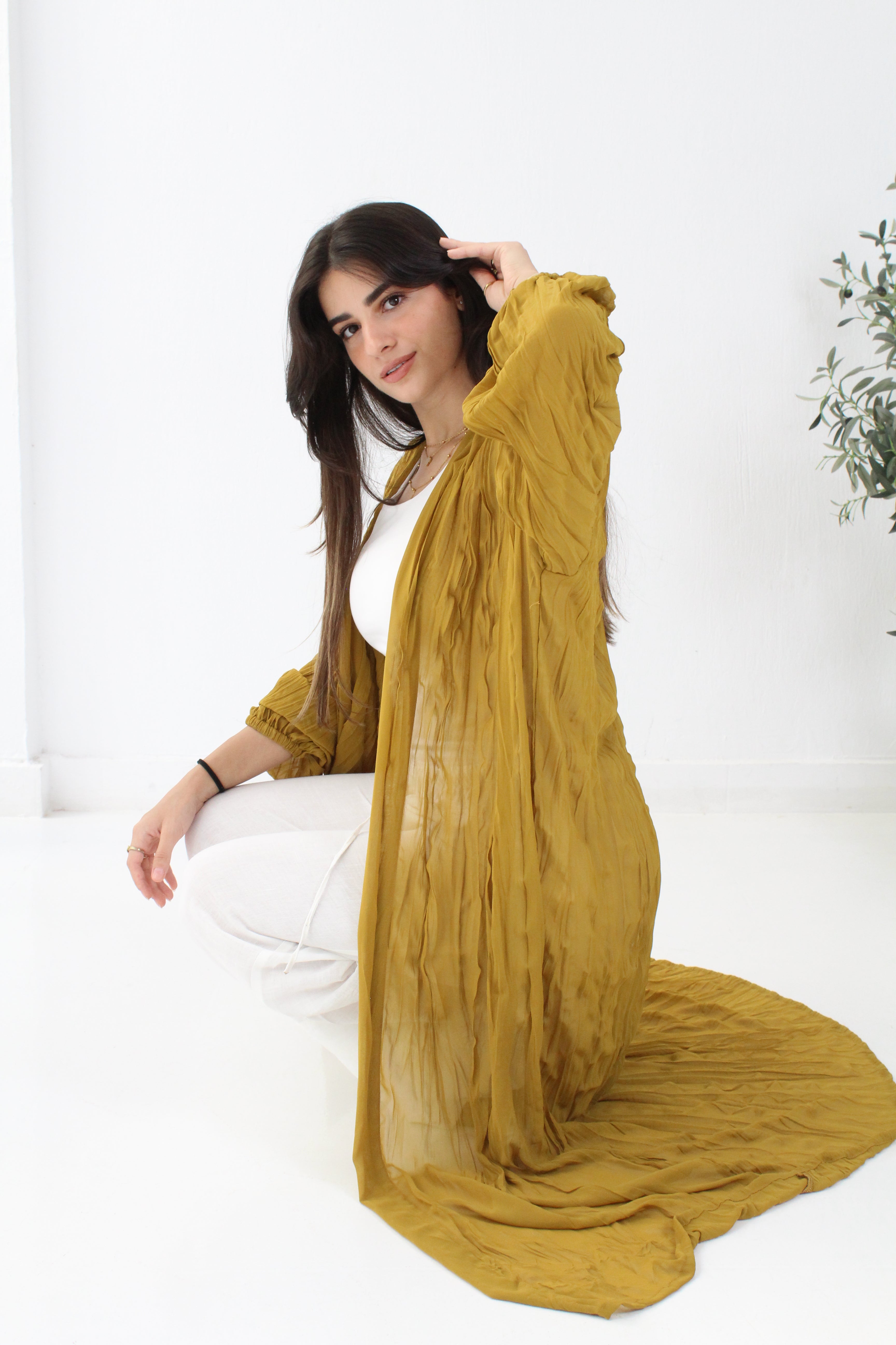 Crushed Chiffon Kimono - Mustered