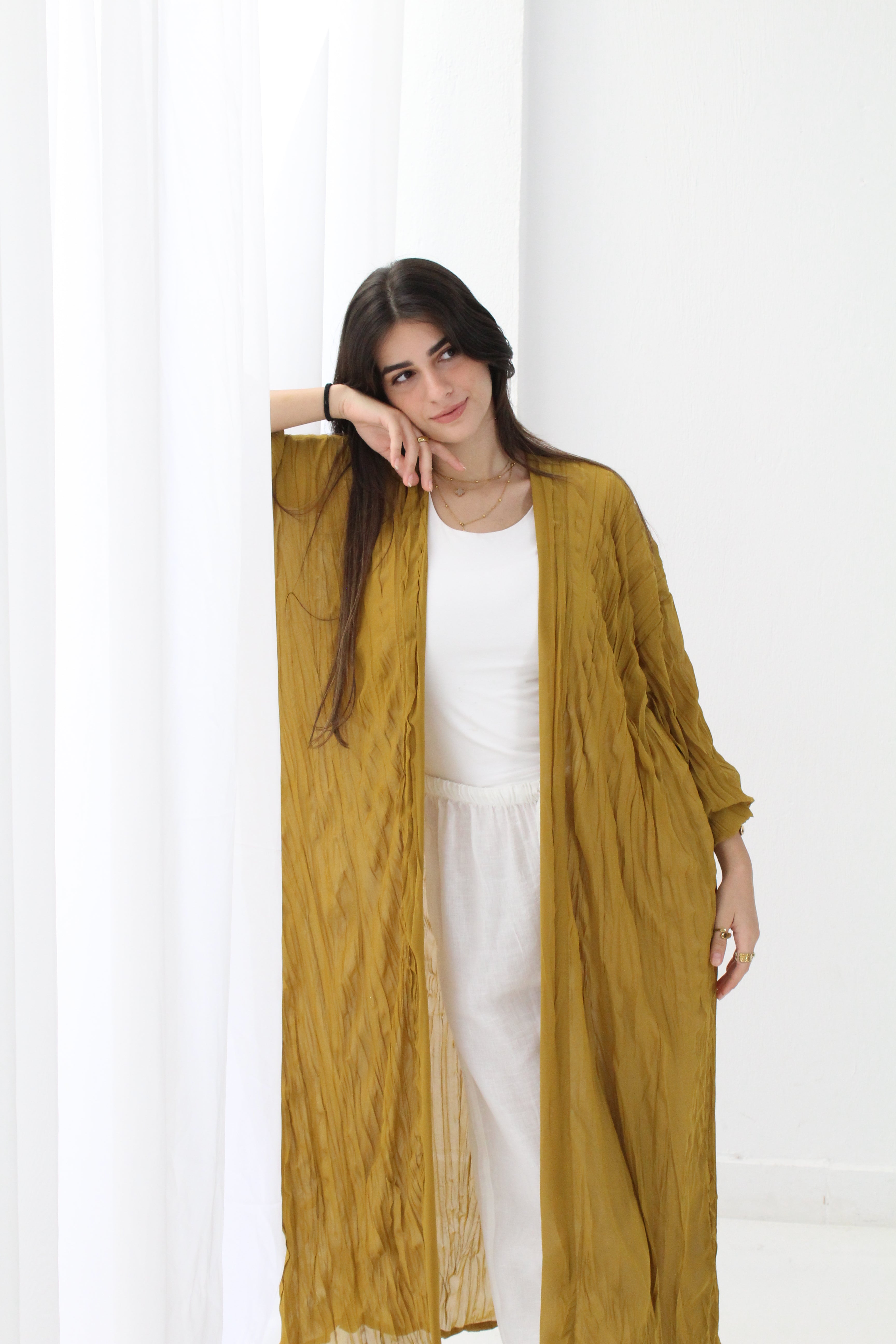 Crushed Chiffon Kimono - Mustered