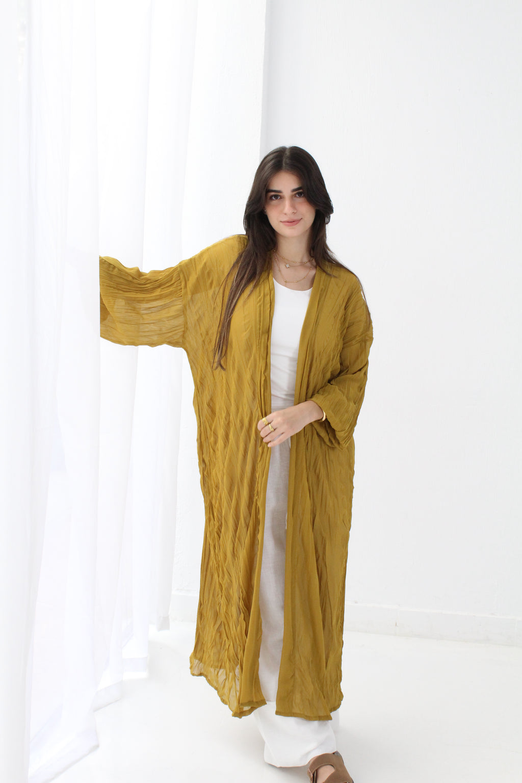 Crushed Chiffon Kimono - Mustered