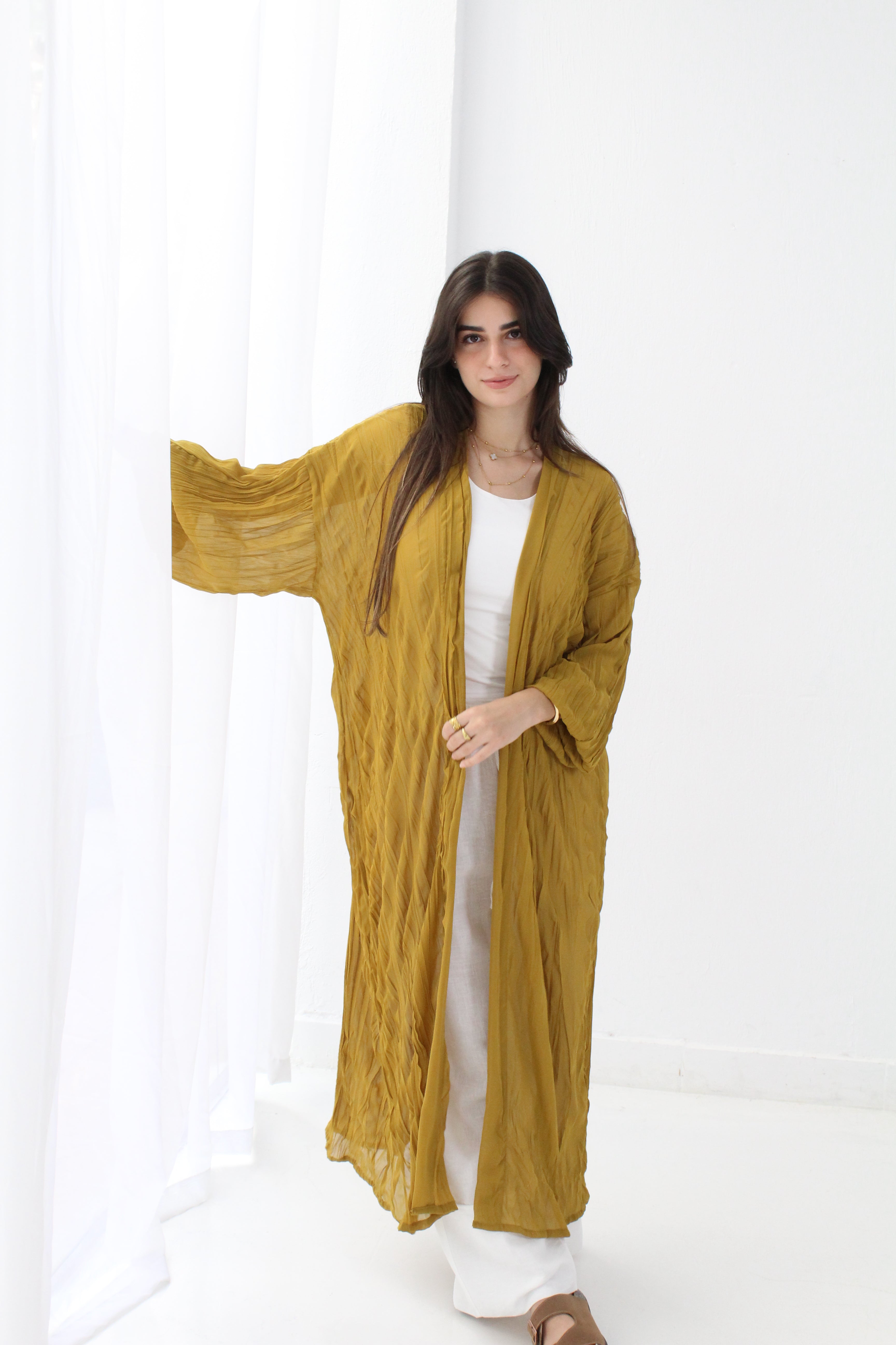 Crushed Chiffon Kimono - Mustered