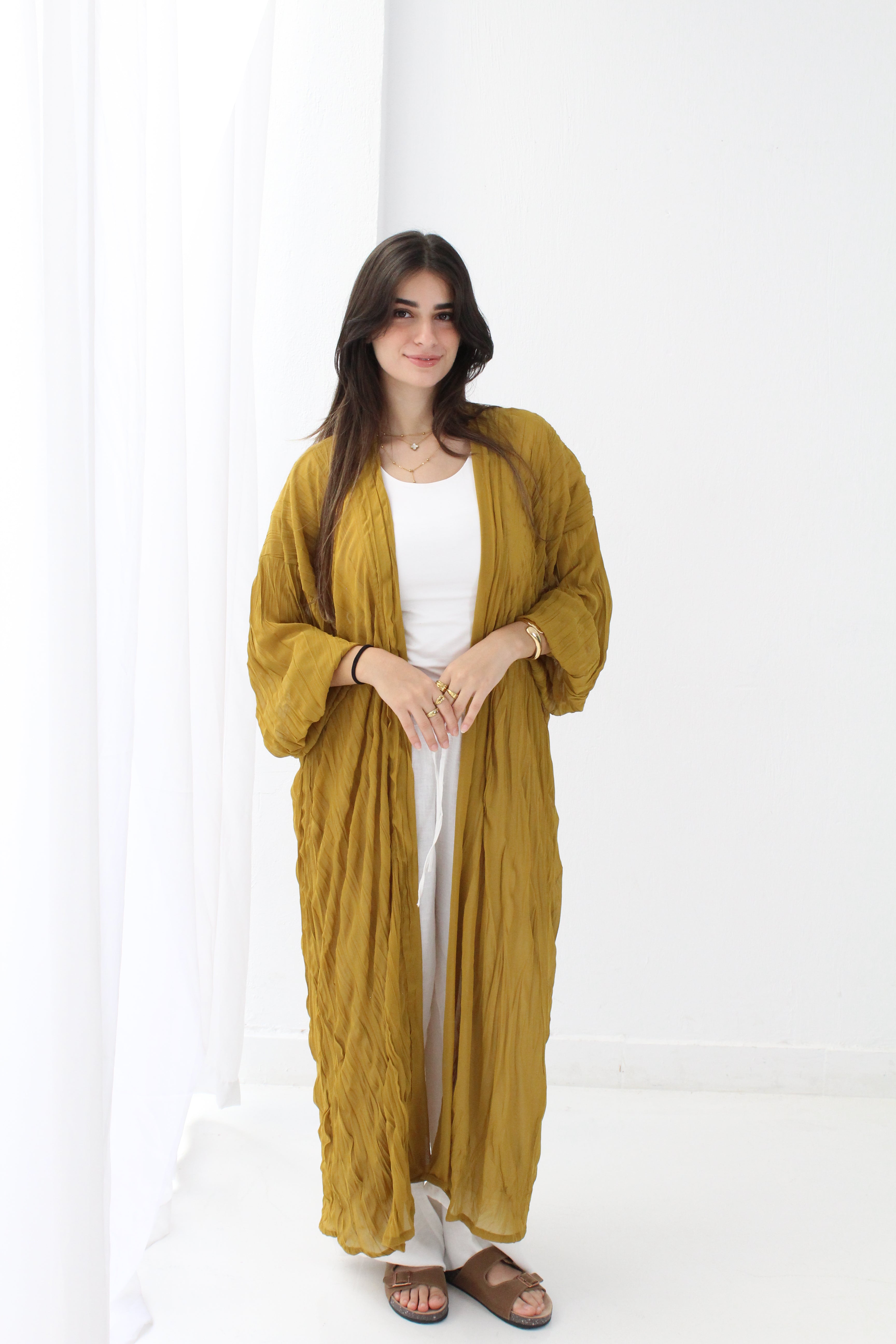 Crushed Chiffon Kimono - Mustered