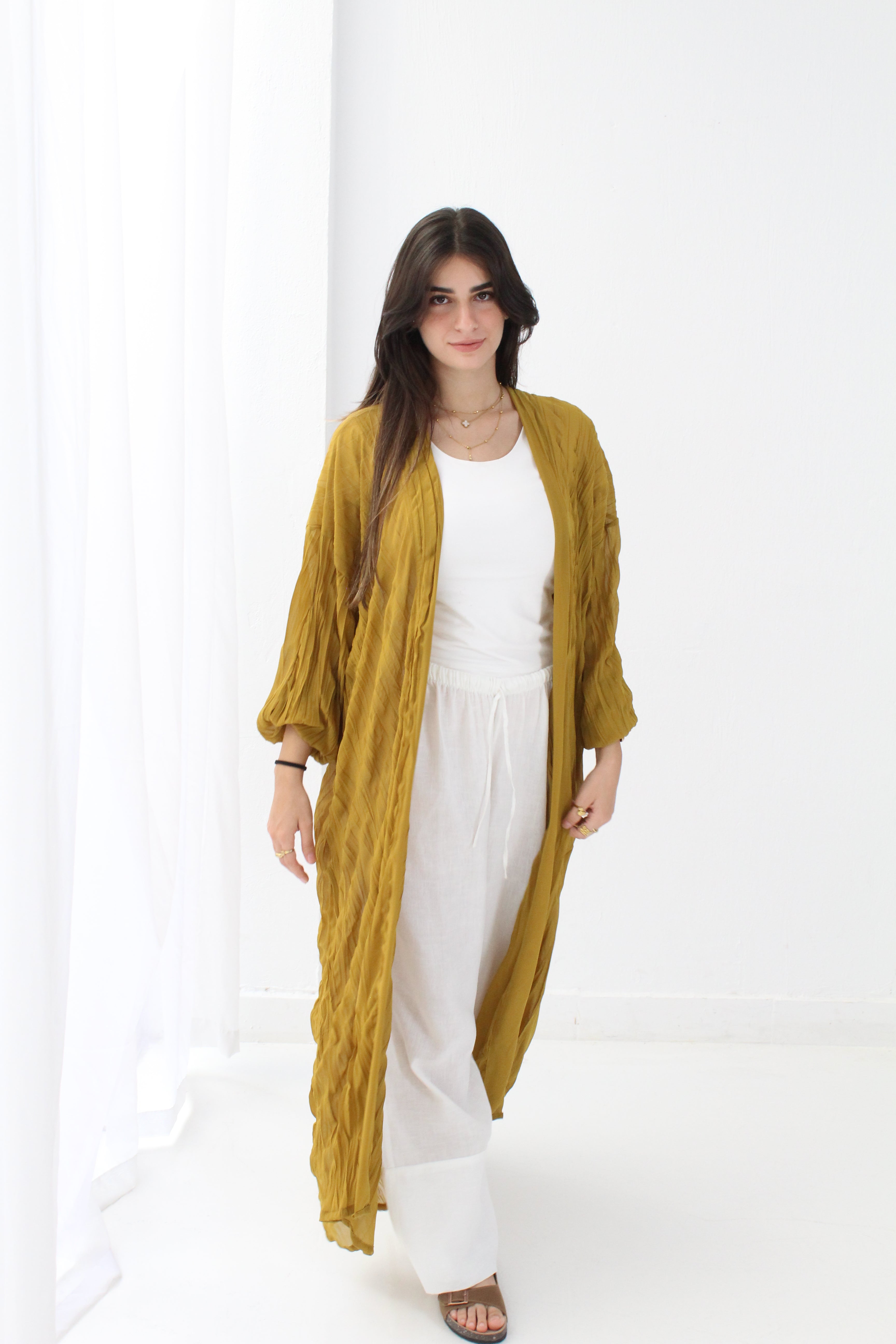 Crushed Chiffon Kimono - Mustered