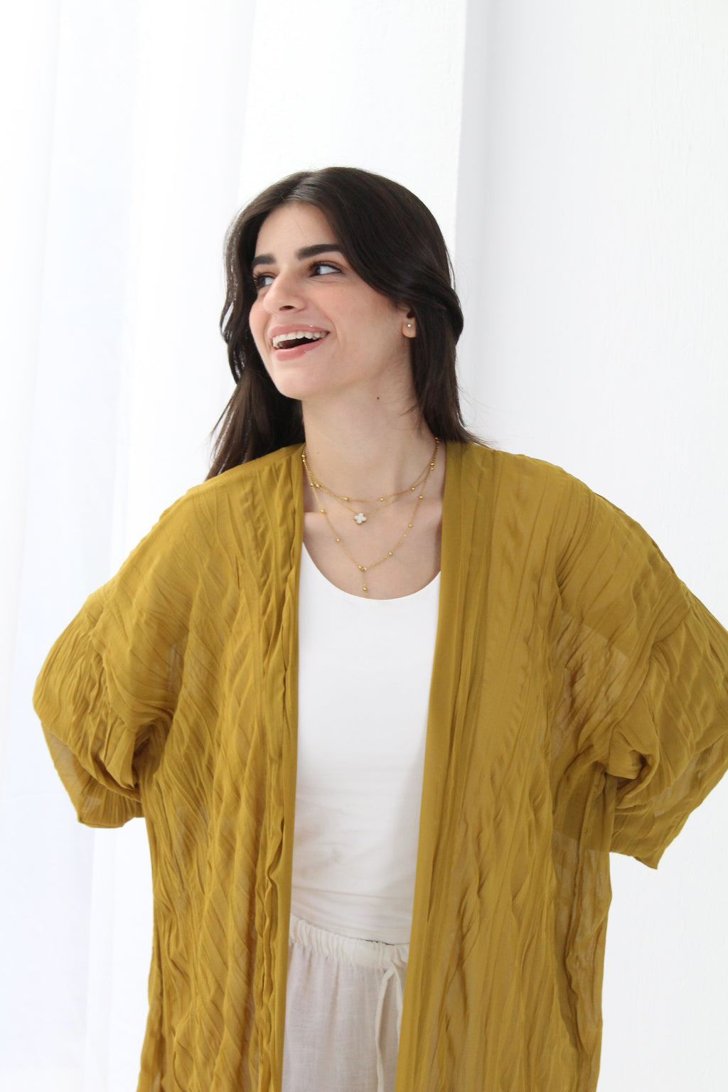 Crushed Chiffon Kimono - Mustered
