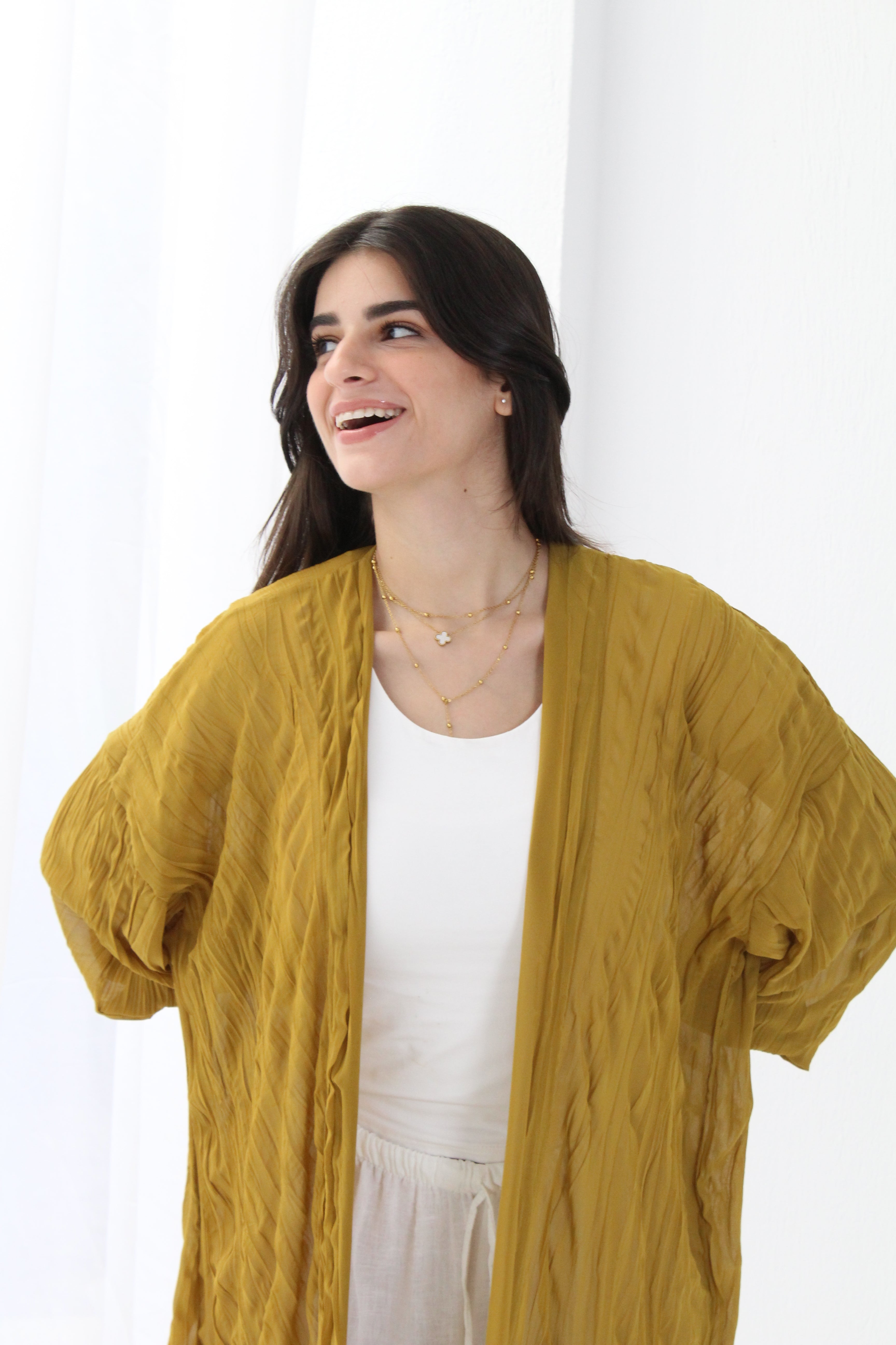 Crushed Chiffon Kimono - Mustered