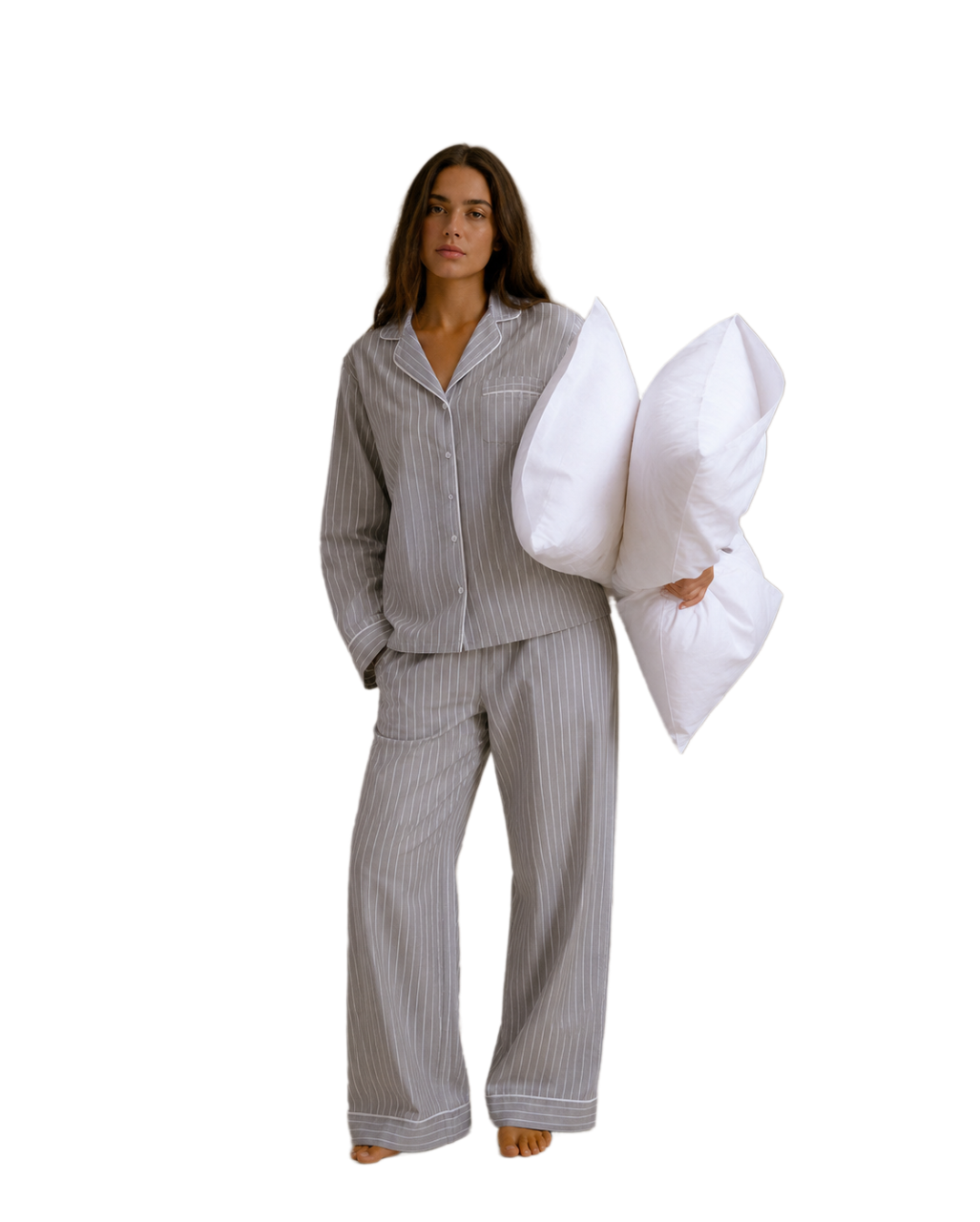 grey stripe pajama with white pipe